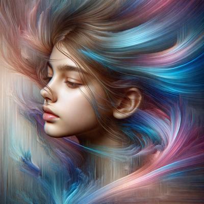 The primary subject of the image is a woman with long hair. She is the main focus of the image, and her features are prominently displayed. The setting is a colorful background, which adds to the overall visual style of the image. The colors and mood of the image are vibrant and lively, with a sense of movement and energy. The woman's face is the main point of interest, and her features are the center of attention in the image.